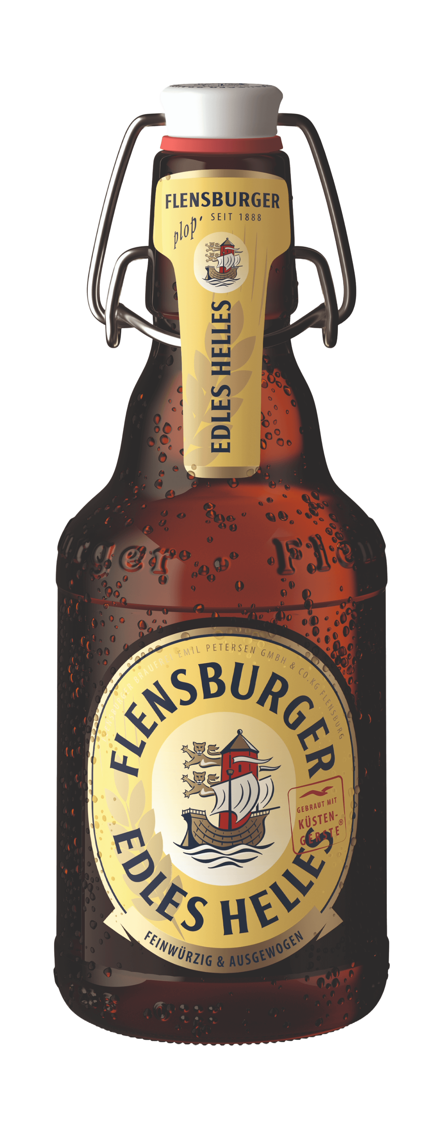 Flensburger Edles Helles in einer braunen Glasflasche mit Bügelverschluss. Auf dem Etikett steht „FLENSBURGER EDLES HELLES“ sowie „Feinwürzig & Ausgewogen“. Die Flasche hat Wassertropfen und reflektiert Licht.
