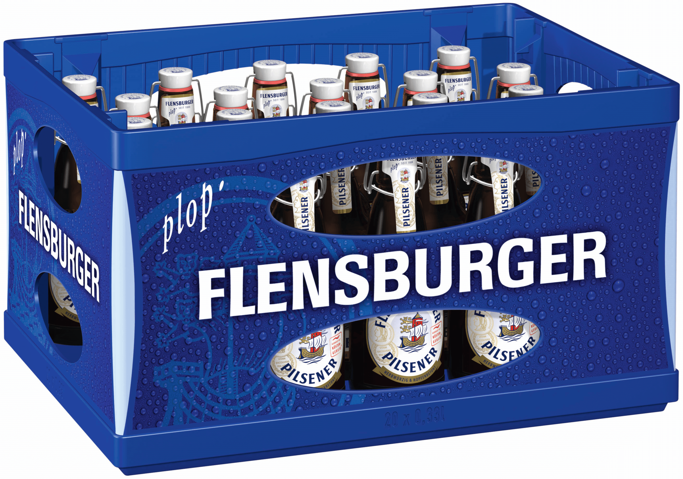 Kasten mit 20 Flensburger Pilsener Flaschen. Die Flaschen haben Bügelverschlüsse und weiße Etiketten mit Logo und Schriftzug "Flensburger Pilsener".