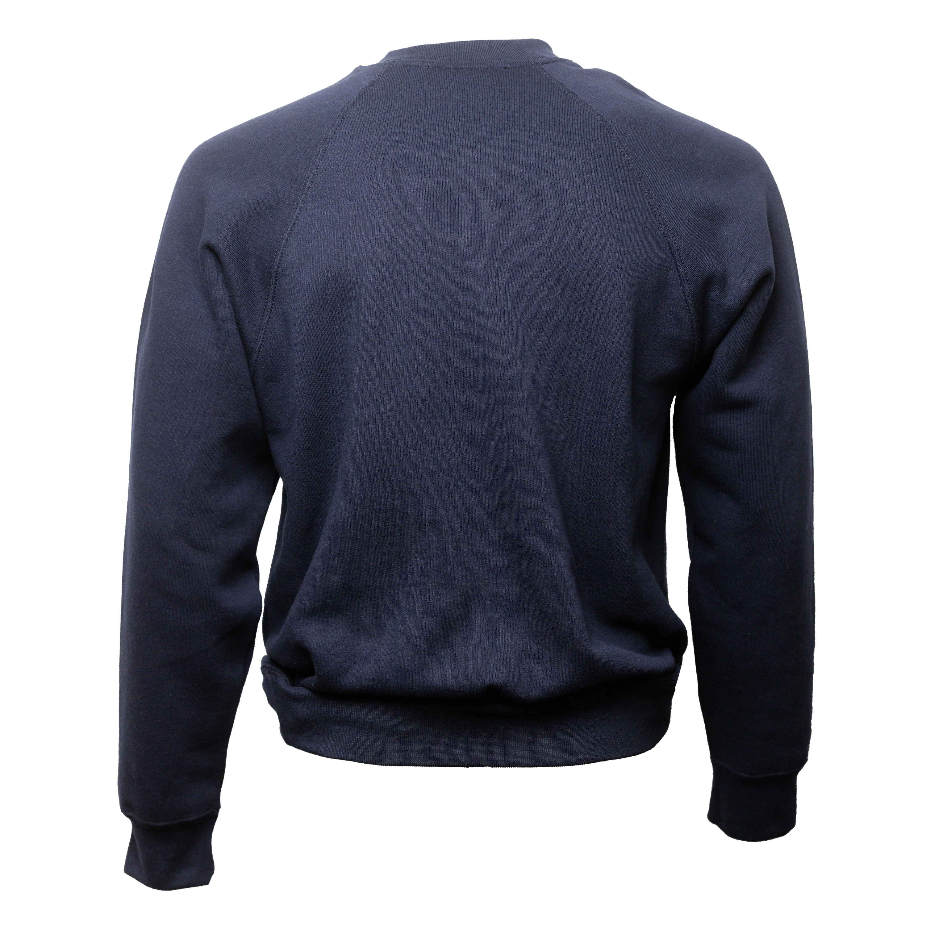 Dunkelblauer Rundhals-Pullover mit langen Ärmeln und elastischem Bündchen am Saum und an den Ärmeln.